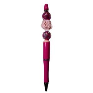 Pink Rose Beaded Acrylic Pen with Pink Rhinestones on Pink Base + Black Refill